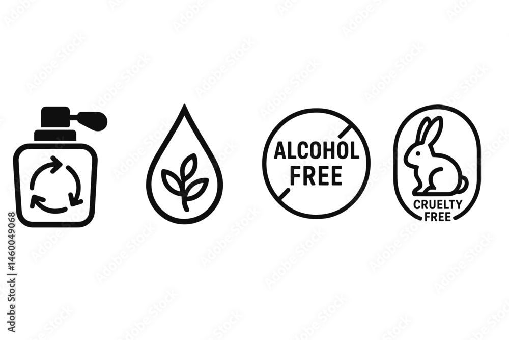 Obraz premium Perfume-eco icons showing sprayer, drop, crest, seal