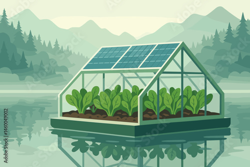 Flat ag-tech scene with PV rafts, spinach beds, and foggy peaks