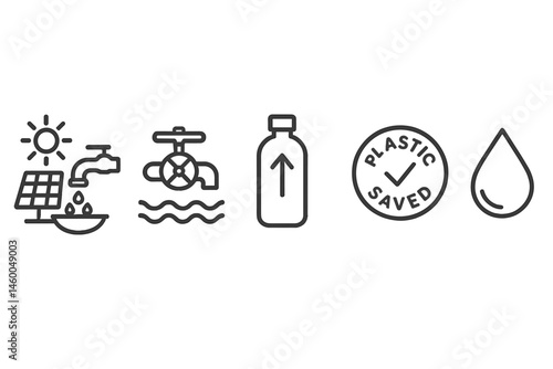 Blue-water icons merging tap, valve, bottle, badge, droplet