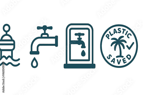 Blue-water icons merging hub, valve, tap, badge