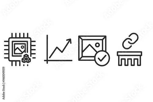 Art-trace icons linking chip, graph, tick, link