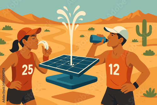 Flat oasis-tech scene with PV raft, water jets, and sandy runners