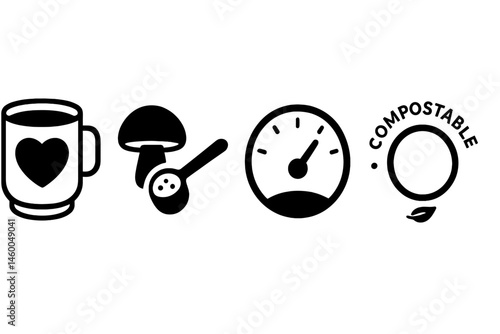 Latte-wellness icons merging heart, scoop, gauge, ring