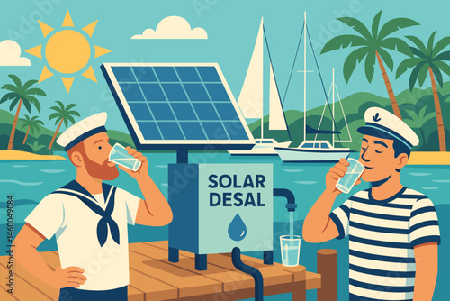 Flat blue-tech scene with PV shade, water taps, and sail masts