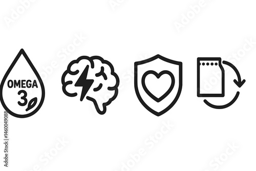 Chia-omega icons linking droplet, spark, shield, loop