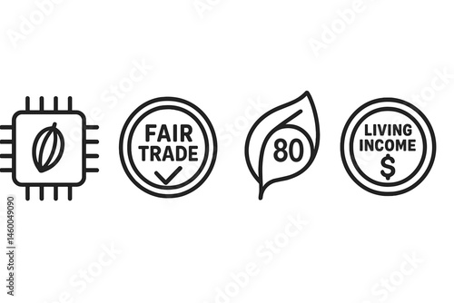 Cocoa-trace icons merging chip, badge, leaf, coin