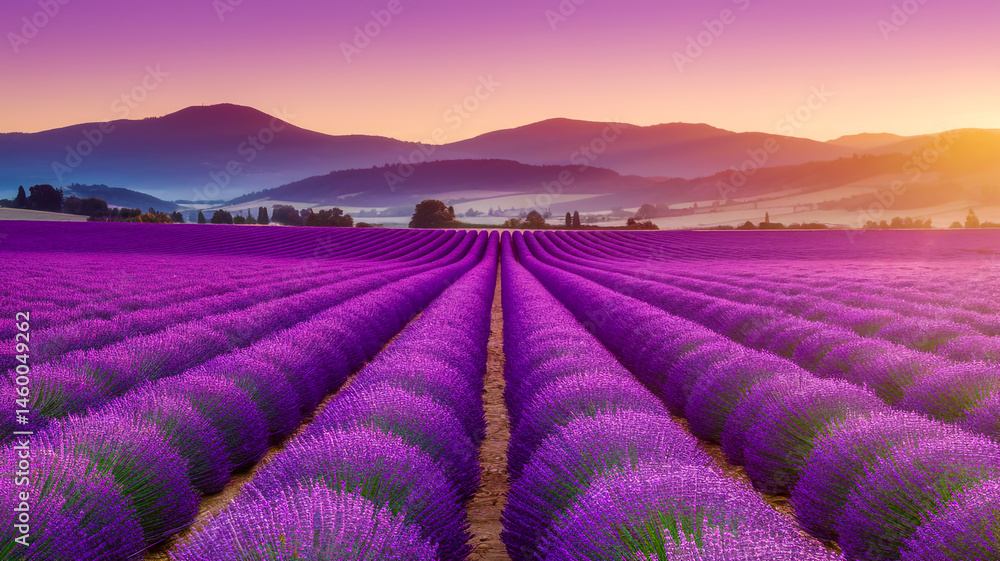 A breathtaking landscape during sunset. In the foreground, there are rows of vibrant purple flowers, likely lavender, stretching out into the distance. A breathtaking landscape during sunset. In the foreground, there are rows of vibrant purple flowers, likely lavender, stretching out into the distance.