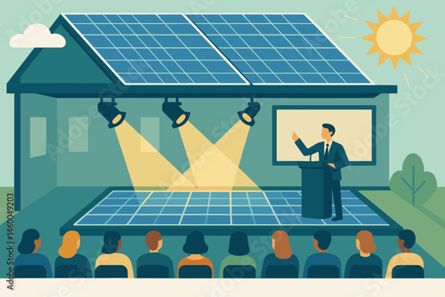 Flat event-green scene with PV glass, piezo tiles, and audience