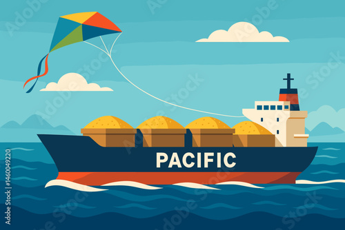 Flat clean-shipping scene with kite wing, bulk deck, and blue waves