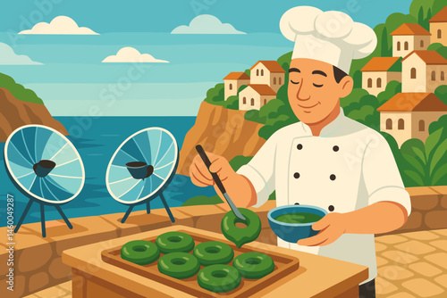 Flat plant-dessert scene with green donuts, solar glass, and sea cliffs