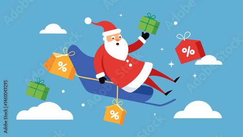 Santa Riding his Sleigh Santa happily flying through the sky in his sleigh which has been filled to the brim with presents marked with large discount tags ready to deliver holiday