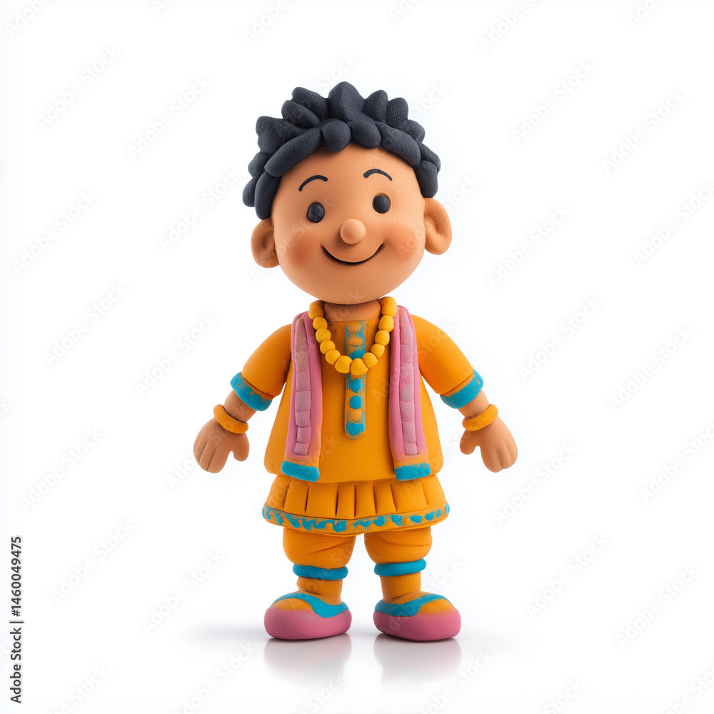 Smiling clay Indian child in festive costume on white background Smiling clay Indian child in festive costume on white background