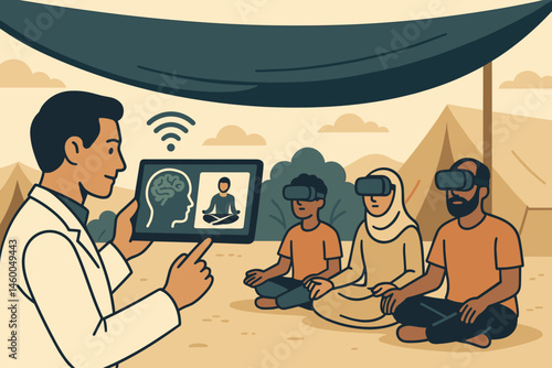 Flat wellness-tech scene with VR headsets, shade nets, and calm screen