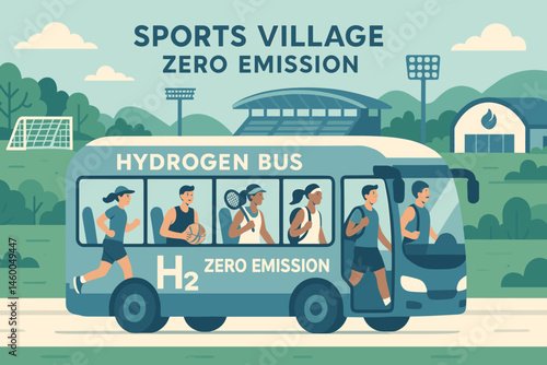 Flat sport-mobility scene with H₂ bus, athlete crowd, and stadium banners