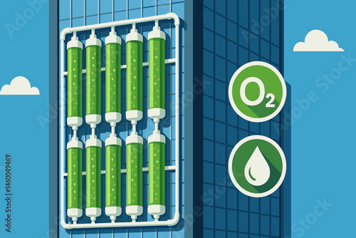 Flat eco-architecture scene with green reactor tubes, city skyline, and sun reflections
