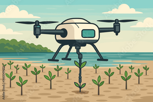 Flat restoration-tech scene with drone arms, mangrove shoots, and tidal flats