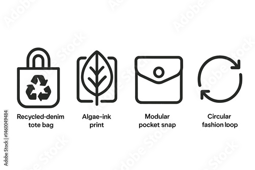 Denim-eco icons linking tote, leaf, pocket, and loop