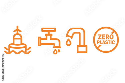 Blue-water icons linking hub, valve, spout, and badge