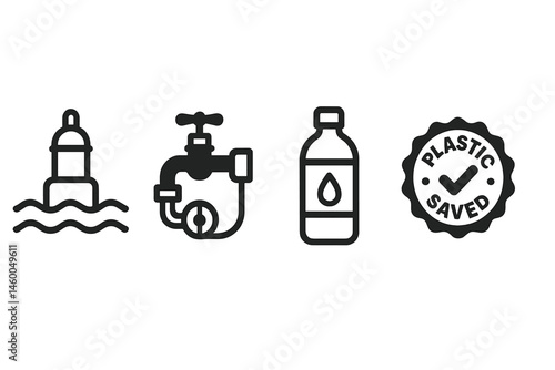 Blue-water icons linking hub, valve, bottle, and badge
