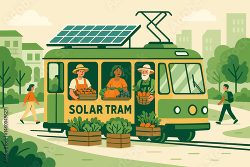 Flat clean-logistics scene with solar tram, produce crates, and pedestrian street