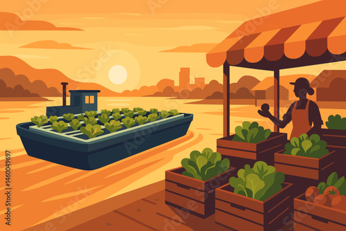 Flat ag-tech scene with hydro towers, river glow, and market stalls