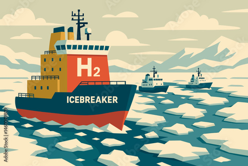 Flat clean-shipping scene with H₂ icebreaker, research ship, and ice floes