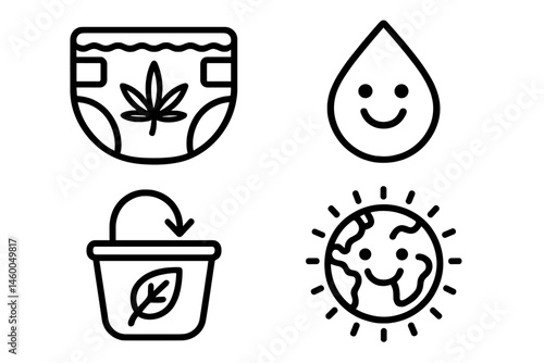 Diaper-eco icons linking diaper, smile, arrow, and badge