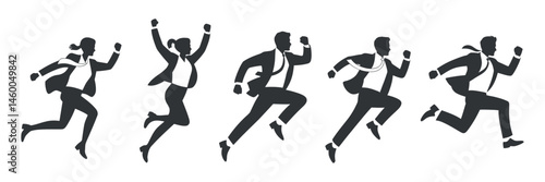 Silhouette of Business People Running and Jumping Celebrating Success