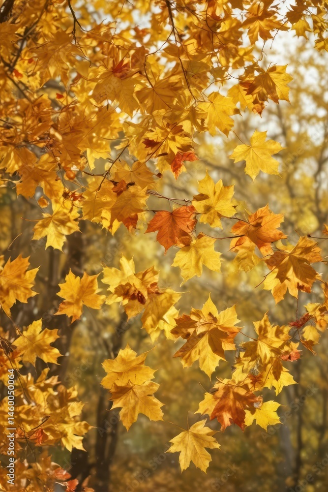 Autumn leaves swirling down, golden hues against blurred background, garden, fall Autumn leaves swirling down, golden hues against blurred background, garden, fall