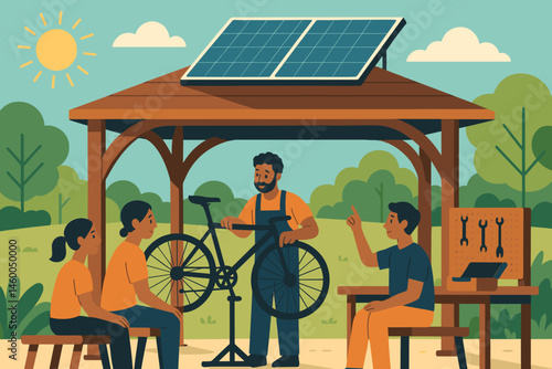Flat edu-green scene with PV roof, tool benches, and kids repairing bikes