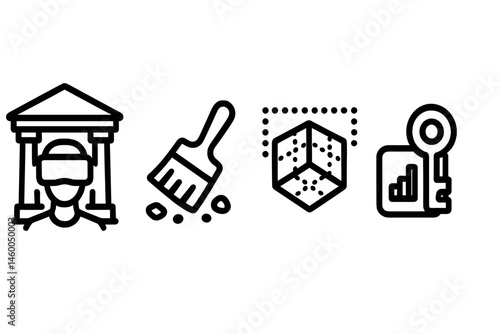 Heritage-VR icons linking gate, brush, grid, and key