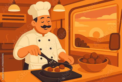 Flat street-food scene with falafel balls, induction pan, and golden sky