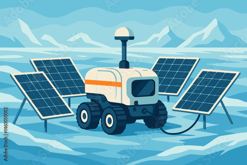 Flat polar-tech scene with rover tracks, orange sails, and ice expanse