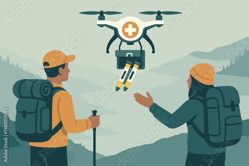 Flat rescue-tech scene with drone pod, ridge trail, and mist pines