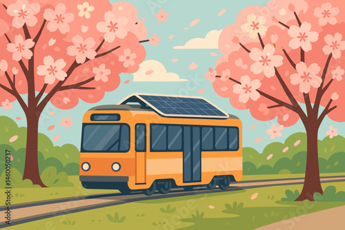Flat clean-mobility scene with PV tram, petals in wind, and boulevard