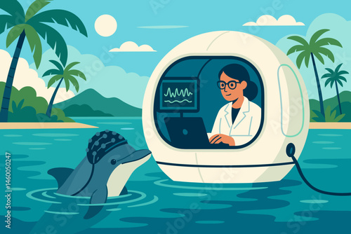 Flat marine-research scene with EEG headset, lab pod, and dolphins