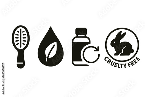 Hair-eco icons linking brush, drop, arrow, and badge