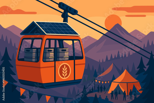 Flat event-logistics scene with PV tram, keg stacks, and purple peaks