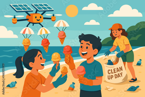 Flat fun-green scene with drone freezer, kids trash bags, and sunny tide