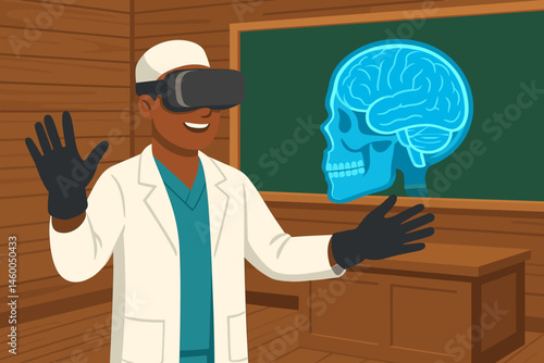 Flat med-tech scene with VR skull, gloves, and cedar beams
