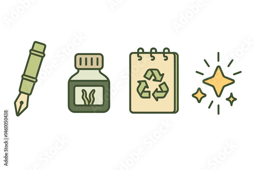 Stationery-eco icons linking pen, vial, pad, and star