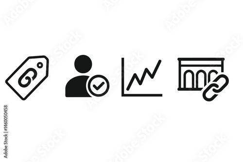 Art-trace icons linking tag, check, spark, and link