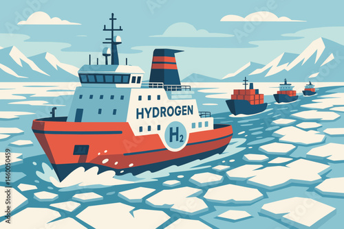 Flat clean-shipping scene with H₂ icebreaker, cargo vessels, and ice floes