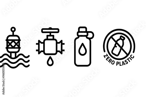 Blue-water icons merging hub, valve, bottle, and badge