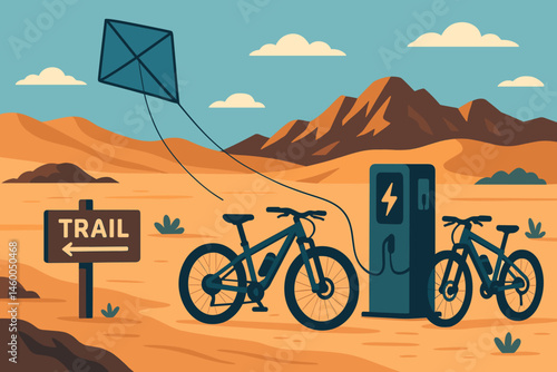 Flat adventure-tech scene with airborne kite, charging rack, and red dunes