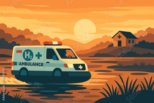 Flat medical-mobility scene with hover fans, H₂ logo, and mist reeds