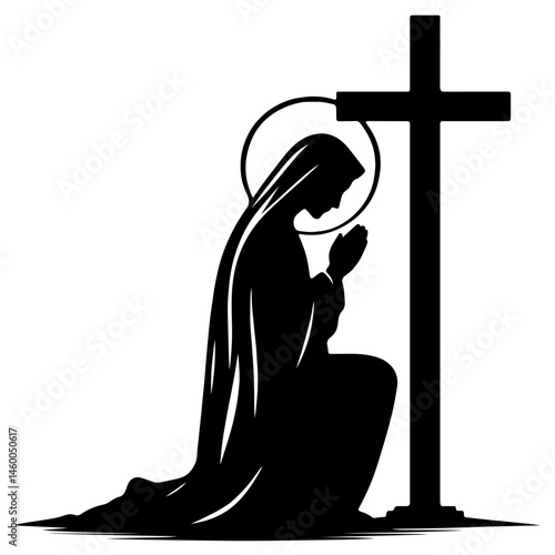 Silhouette of Kneeling Woman with Halo Praying Before Cross, Christian Faith, Devotion, Female Saints, Holiness, Prayer, Reverence in Biblical Tradition
