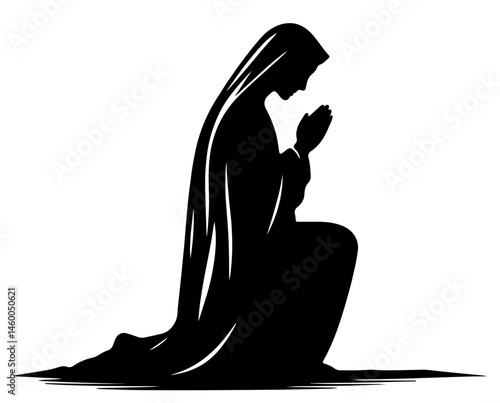Silhouette of a Devout Woman Kneeling in Prayer with Head Bowed and Hands Clasped, Wearing Long Cloak or Robe.  Faith, Spiritual Devotion, Humility