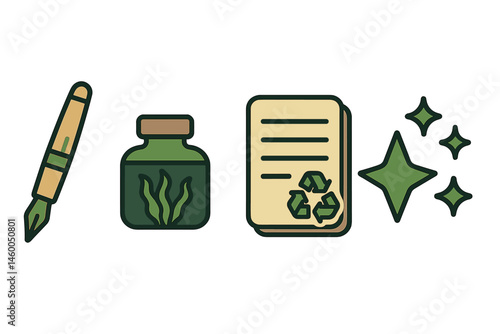 Stationery-green icons merging pen, bottle, pad, and star
