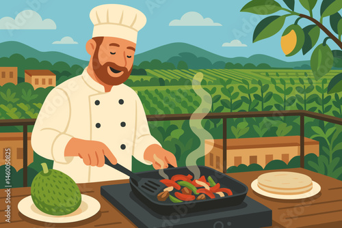 Flat plant-grill scene with sizzling jackfruit, city skyline, and herb beds